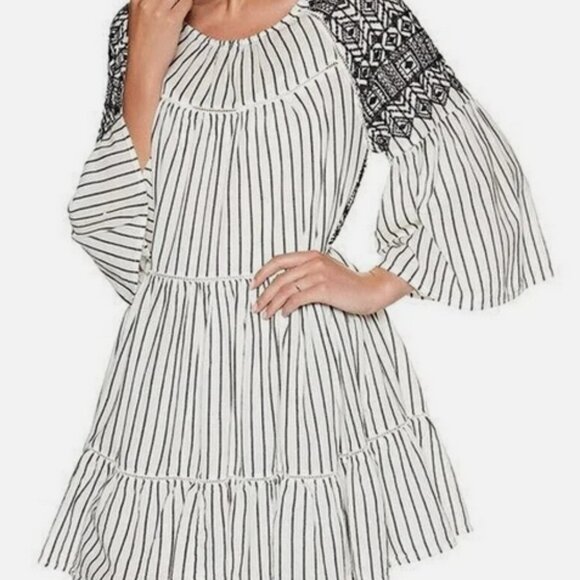 Free People Lola Embroidered Boho Striped Mini Peasant Dress Black/White Size S - Picture 3 of 7